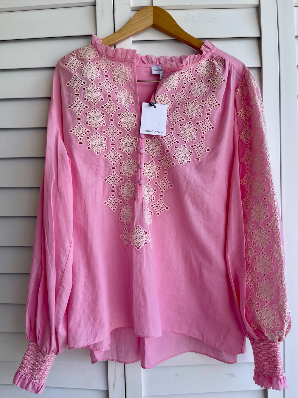 Gibson Latimer Pink Eyelet-Embroidered Peasant Blouse Sz: XL Cotton NWT